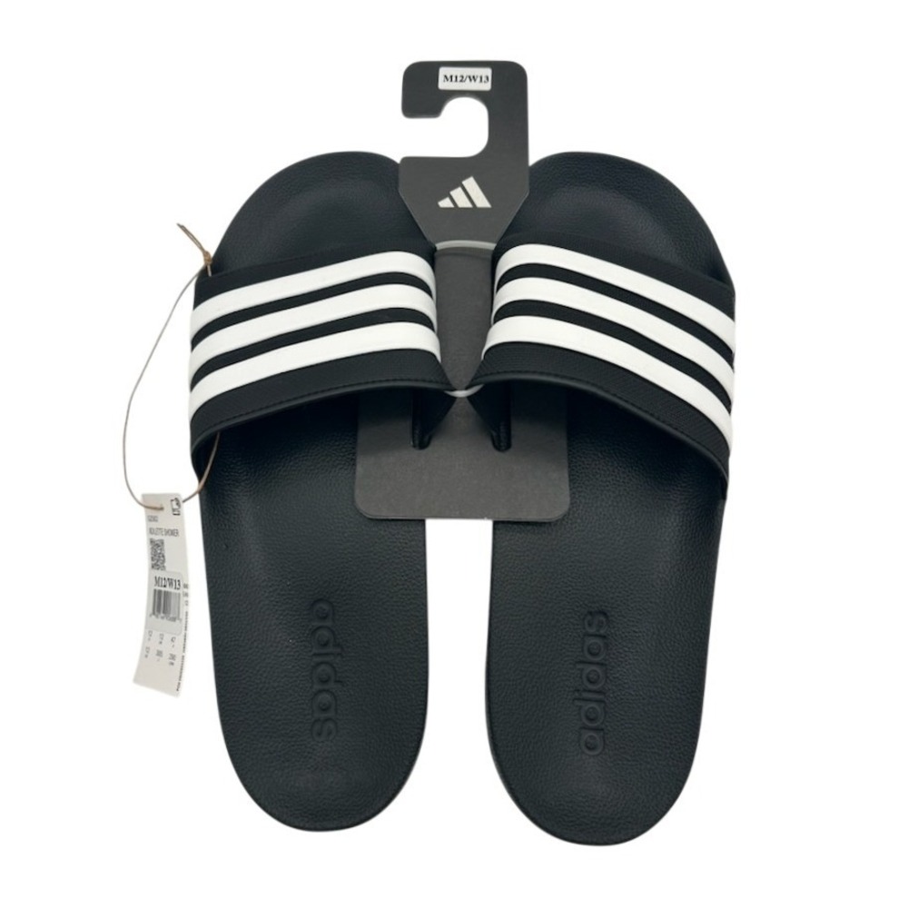 NEW Adidas Adilette Shower Slides Size Men 12 Women's 13 Black Striped Sandals